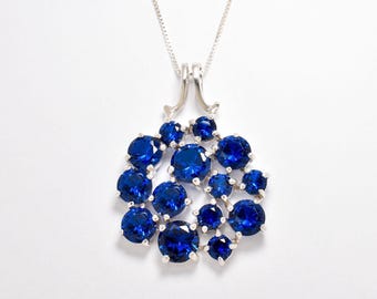 Statement Sapphire Pendant, Created Sapphire, Large Sapphire Necklace, Blue Cluster Necklace, Sapphire Flower Necklace, Adina Stone