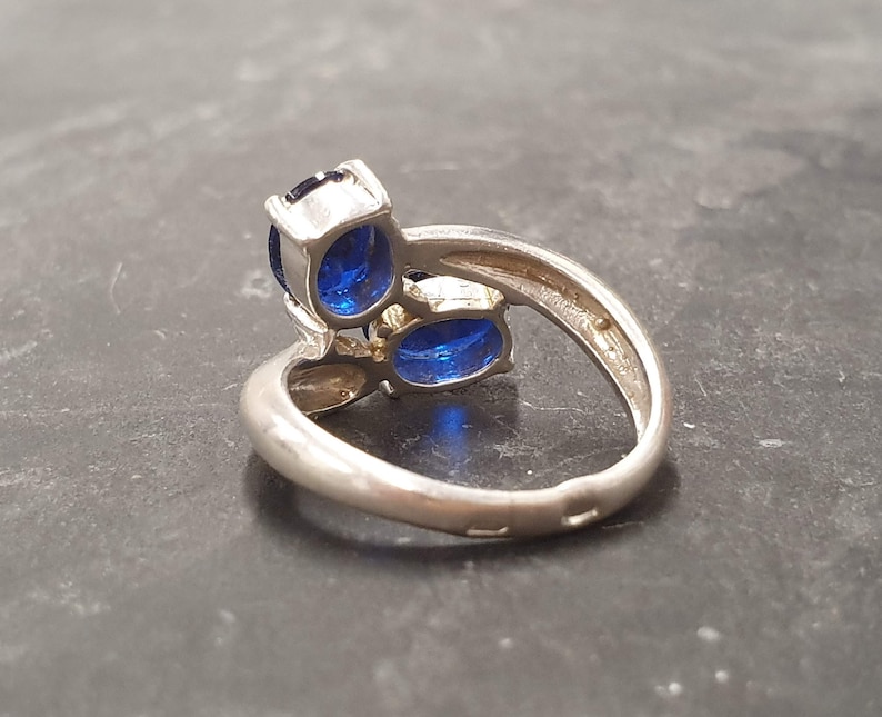 Blue Sapphire Ring Asymmetric Ring Blue Diamond Ring Sapphire Ring Vintage Ring Created Sapphire Two Stone Ring Solid Silver Ring