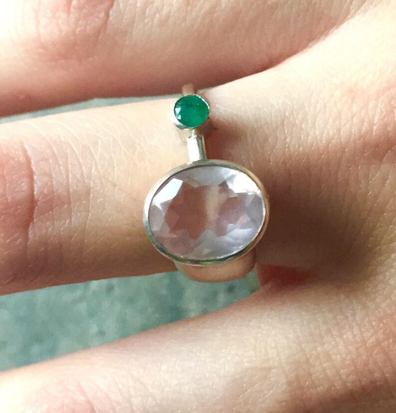 Rose Quartz Ring, Natural Rose Quartz, Diamond Cut, Emerald Ring, Solid Silver Ring, Natural Emerald, Vintage Emerald Ring, Vintage Ring image 8