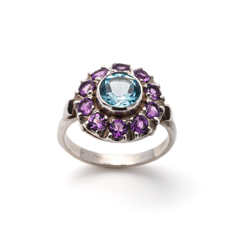 Victorian Ring, Blue Topaz Ring, Amethyst Ring, Birthstone Ring, Round Vintage Ring, Natural Topaz Ring, Round Silver Ring, 925 Silver Ring image 3