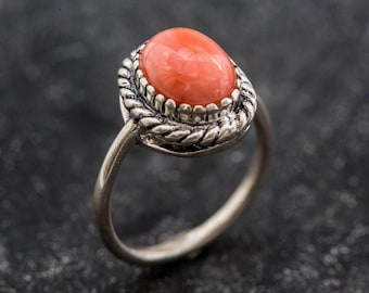 Koralle Ring, Koralle Versprechen Ring, März Geburtsstein, natürliche Koralle, Engelshaut Koralle, Vintage Koralle Ring, Jubiläumsring, Massiv Silber Ring