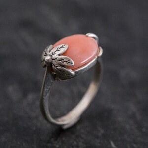 Blattring, Naturkorallenring, Horizontaler Ring, Geburtssteinring für März, Rosa Korallenring, Engelskoralle, Vintage-Ringe, Ring aus massivem Silber Bild 10
