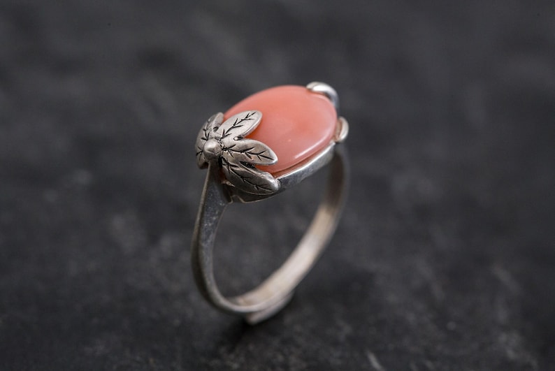 Blattring, Naturkorallenring, Horizontaler Ring, Geburtssteinring für März, Rosa Korallenring, Engelskoralle, Vintage-Ringe, Ring aus massivem Silber Bild 10