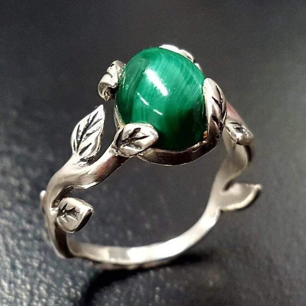 Branch Ring, Natural Malachite, Artisan Ring, Floral Ring, Leaf Ring, Green Vintage Ring, Malachite Ring, Flower Ring, Solid Silver Ring