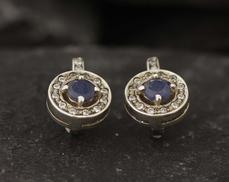 Natural Sapphire Earrings, Natural Sapphire, September Birthstone, Vintage Earrings, Sapphire Earrings, Round Earrings, 925 Silver, Sapphire image 8