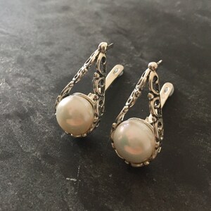 White Pearl Earrings, Natural Pearl, June Birthstone, Pearl Earrings, Vintage Pearl, Vintage Earrings, June Earrings, Solid Silver Earrings image 1