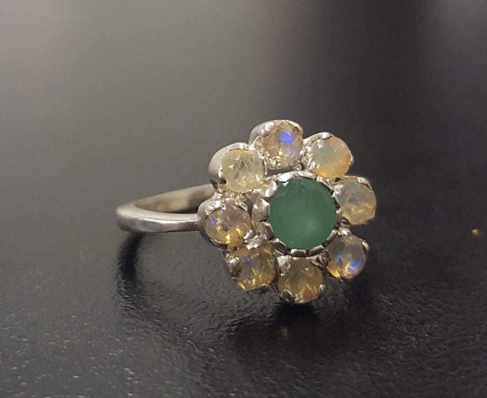 Flower Ring, Natural Emerald Ring, Natural Opal Ring, Vintage Flower…