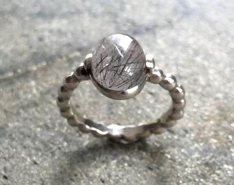 Rutilated Quartz Ring, Black Rutilated Quartz, Pandora Band, Stackable Ring, Solid Silver Ring, Sterling Silver Ring, Rutilated Quartz