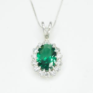 Emerald Pendant, Princess Di Pendant, Vintage Pendants, Created Emerald Pendant, CZ Diamonds, Solid Silver Pendant, Green Pendant, Emerald