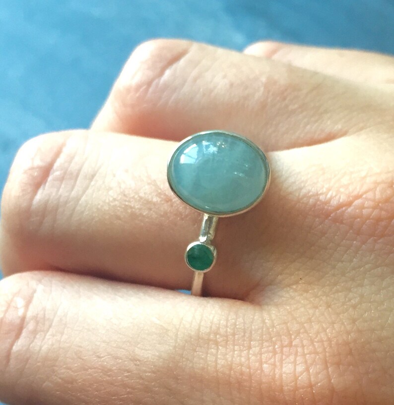 Aquamarine Ring, Natural Aquamarine, Emerald Ring, Natural Emerald, March Birthstone ,May Birthstone, Solid Silver Ring, Pure Silver, Aqua image 2