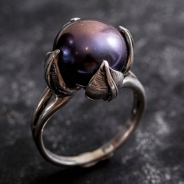 Black Pearl Ring, Genuine Pearl, Pearl Promise Ring, Vintage Rings, Pearl Ring, Vintage Pearl Ring, June Birthstone, Solid Silver Ring