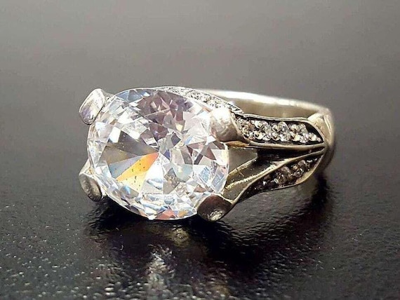 Diamond Ring, Created Diamond, Horizontal Ring, Vintage Diamond Ring, White Ring, Vintage Ring, Solid Silver Ring, Sparkling Ring, Diamond