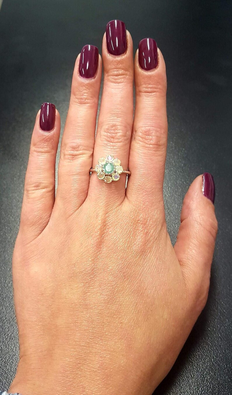 Flower Ring, Natural Emerald Ring, Natural Opal Ring, Vintage Flower Ring, October Birthstone, May Birthstone, Daisy Ring, 925 Silver Ring image 8