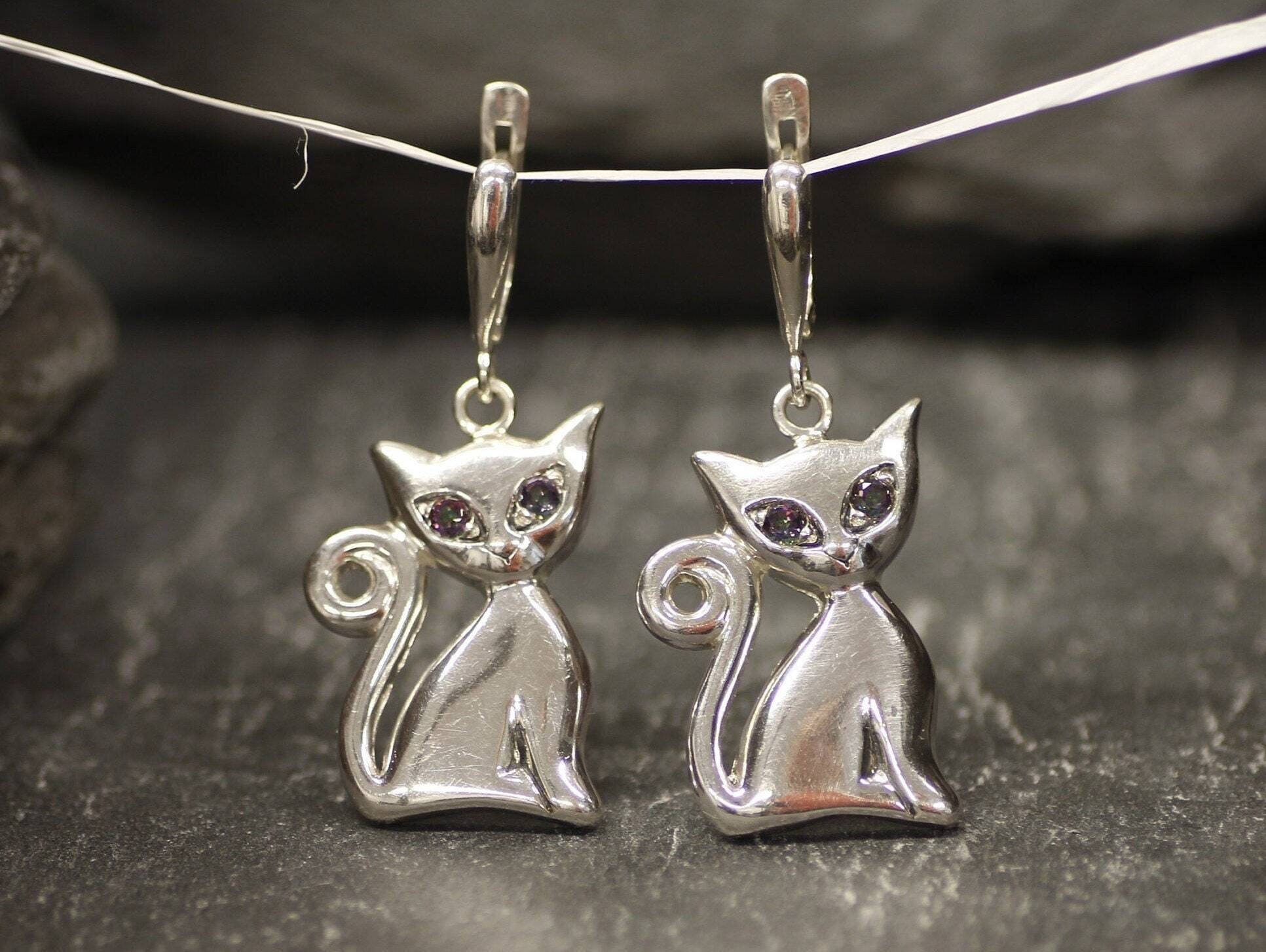 Orecchini A Forma Di Gatto In Argento 925 Con Pietra Portafortuna – Regalo Per Ragazze E Donne, 9x11 Mm, Ipoallergenici - 2