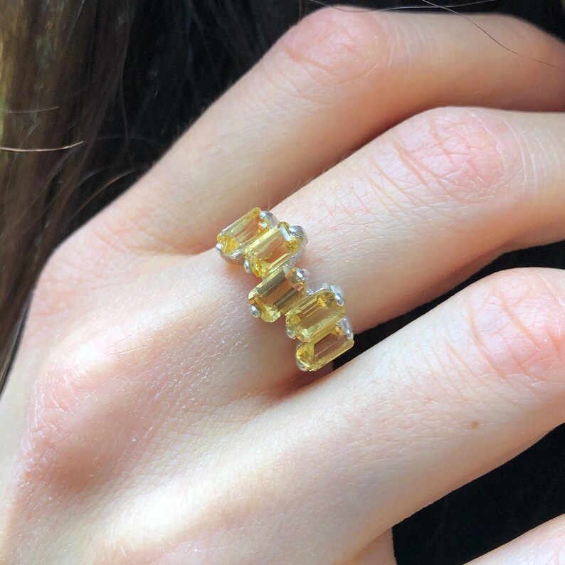 Emerald Cut Ring, Natural Citrine, Baguette Band, Half Eternity Band, November Birthstone, Asymmetric Ring, Yellow Ring, Solid Silver Ring image 2