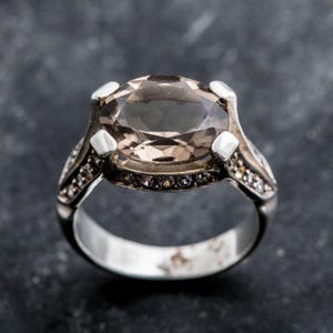 Puede incluir: Un anillo de plata con una gran piedra preciosa ovalada de color marr&oacute;n rodeada de peque&ntilde;as piedras preciosas transparentes.