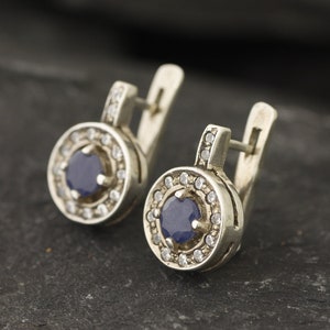 Natural Sapphire Earrings, Natural Sapphire, September Birthstone, Vintage Earrings, Sapphire Earrings, Round Earrings, 925 Silver, Sapphire image 3