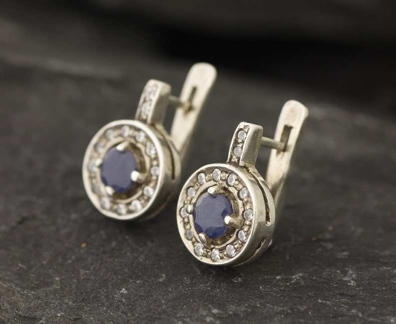 Natural Sapphire Earrings, Natural Sapphire, September Birthstone, Vintage Earrings, Sapphire Earrings, Round Earrings, 925 Silver, Sapphire image 3