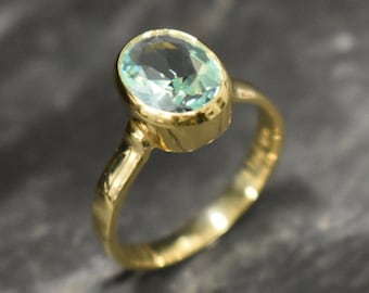 Gold Aquamarine Ring, Aquamarine Ring, Created Aquamarine, Blue Solitaire Ring, Vintage Ring, Aqua Ring, Gold Plated Ring, Solid Silver Ring