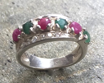 Double Ring, Emerald Ring, Ruby Ring, Intertwined Ring, Small Ring, Double Band, Wide Ring, Natural Emerald, Solid Silver Ring, CZ Diamond