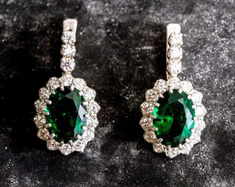Princess Diana Earrings, Emerald Earrings, Created Emerald, Green Emerald, Bridal Earrings, CZ Diamonds, Green Earrings, Pure Silver