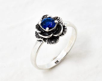 Sapphire Ring, Blue Sapphire Ring, Created Sapphire, Flower Ring, Vintage Flower Ring, Vintage Rings, Blue Flower Ring, Solid Silver Ring