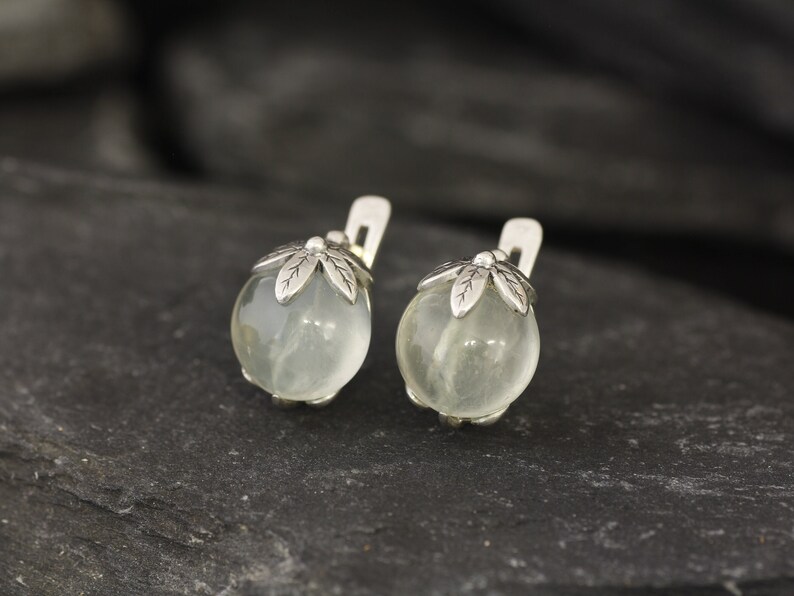 Prehnite Earrings, Natural Prehnite, May Birthstone, Green Leaf Earrings, Flower Earrings, Art Nouveau Earrings, Silver Earrings, May Studs image 9