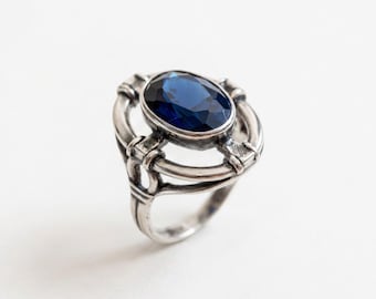 Oval Sapphire Statement Ring, Royal Blue Gemstone Bezel, Solid Silver Openwork Ring