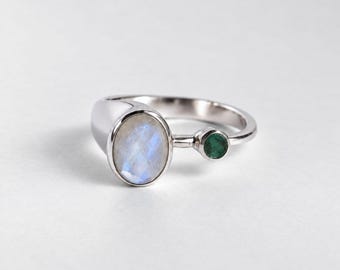 Rainbow Moonstone Bezel Ring, Natural Emerald Ring, Two Stone June Birthstone Ring