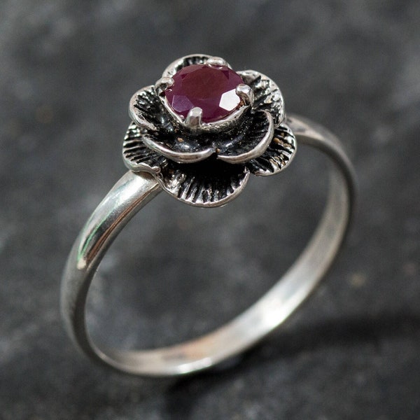 Echter Rubin-Ring, Blumenring, natürlicher Rubin, Vintage-Rubin-Ring, Juli-Geburtsstein-Ring, Mutter-Geburtsstein, rote Rose-Ring, massiver Silberring