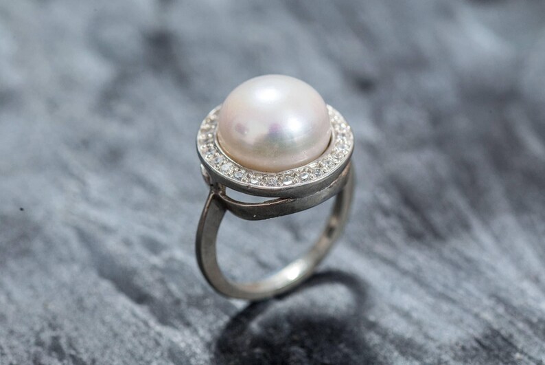 White Pearl Ring, Natural Pearl Ring, Pearl Ring, Large Pearl Ring, Vintage Pearl Ring, June Birthstone, June Ring, Solid Silver Ring, Pearl image 3