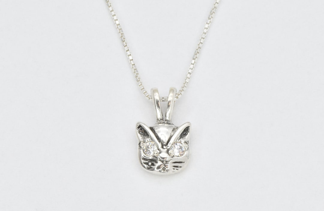 Cat Diamond Pendant, Silver Cat Necklace, Silver Cat Head Pendant