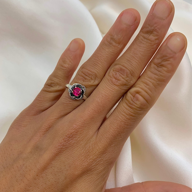 Flower Ruby Ring, Created Ruby, Red Ruby Ring, Silver Flower Ring, Red Vintage Ring, Solitaire Ring, Red Rose Ring, 925 Sterling Silver Ring