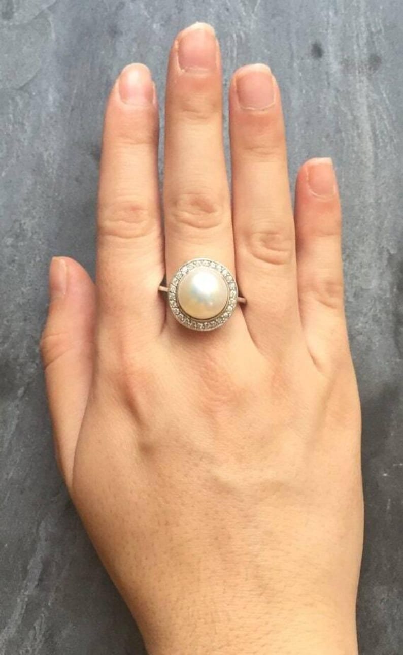 White Pearl Ring, Natural Pearl Ring, Pearl Ring, Large Pearl Ring, Vintage Pearl Ring, June Birthstone, June Ring, Solid Silver Ring, Pearl image 7