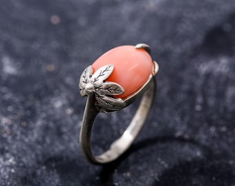 Blattring, natürlicher Korallenring, Horizontaler Ring, März Geburtssteinring, rosa Koralle Ring, Engelshaut Koralle, Vintage Ringe, massiver Silberring