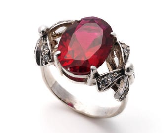 Red Ruby Ring, Ribbon Ring, Created Ruby Ring, Vintage Silver Ring, Vintage Ring, Silver Ribbon, Ruby Ring, Red Ring, Antique Red Ring