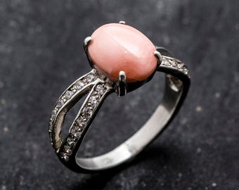 Korallenring, natürliche Koralle Ring, März Geburtsstein, Engelshaut Koralle, Rosa Ring, März Ring, Rosa Korallenring, Vintage Ringe, Massiver Silberring