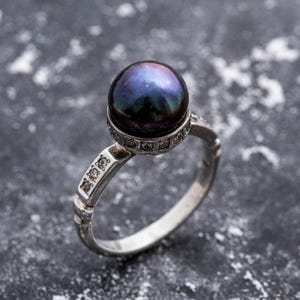 Black Pearl Ring, Natural Black Pearl, June Birthstone, Pearl Bezel Ring, Vintage Pearl Ring, Silver Pearl Ring, For Her, Adina Stone