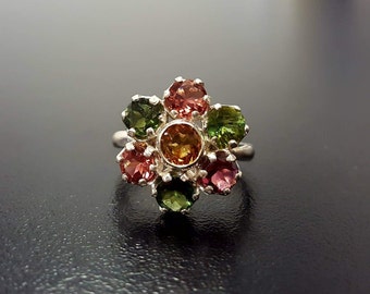 Tourmaline Ring, Natural Tourmaline, October Ring, Flower Ring, Multicolor Ring, October Birthstone, Flower Vintage Ring, 925 Silver Ring