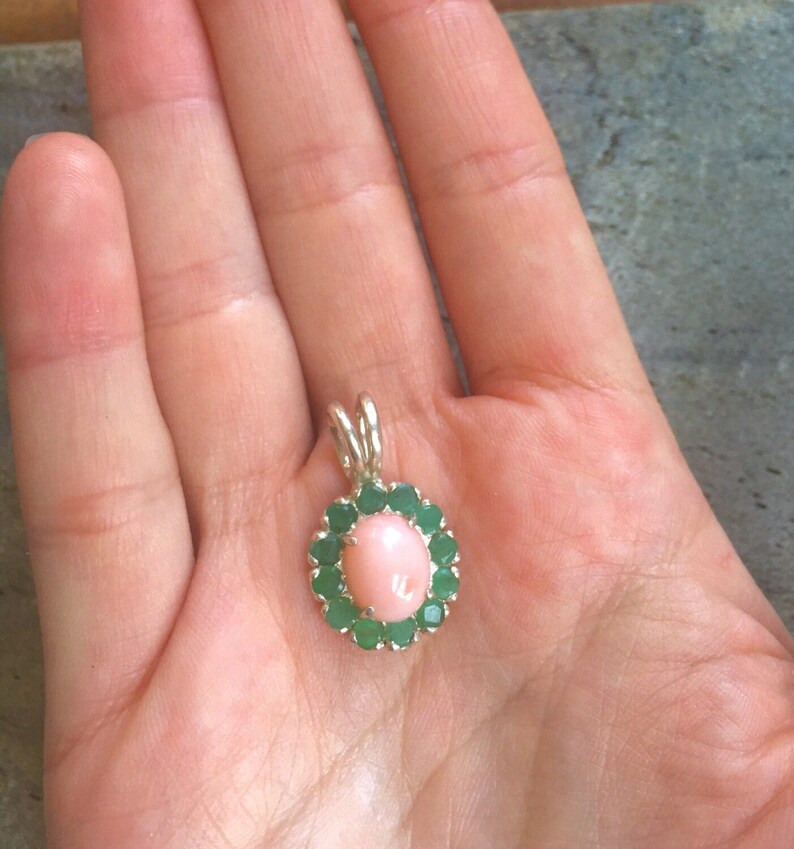Emerald Pendant, Natural Emerald, Natural Coral, Coral Pendant, Pink Coral, May Birthstone, Angel Skin Coral, Vintage Pendant, Victorian image 9