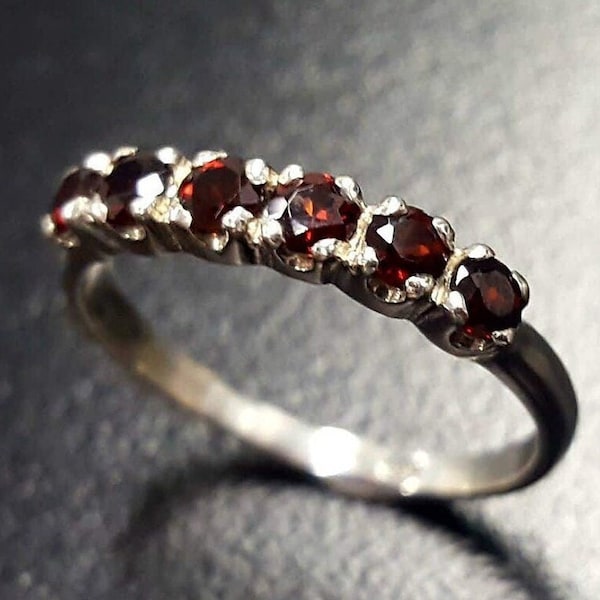 Garnet Band, Natural Garnet, January Birthstone, Half Eternity Band, Red Vintage Ring, Red Diamond Ring, Eternity Band, Solid Silver Ring