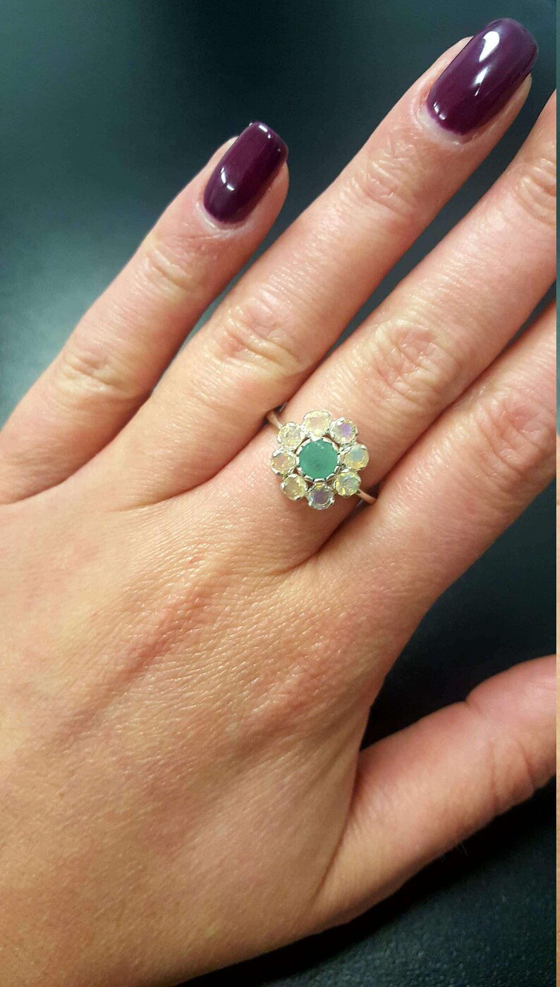 Flower Ring, Natural Emerald Ring, Natural Opal Ring, Vintage Flower Ring, October Birthstone, May Birthstone, Daisy Ring, 925 Silver Ring image 9