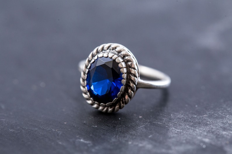Blue Sapphire Royal Blue Ring Solid Silver Created Sapphire Blue Sapphire Ring Artistic Ring Vintage Rings Blue Stone Sapphire