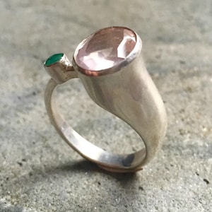 Rose Quartz Ring, Natural Rose Quartz, Diamond Cut, Emerald Ring, Solid Silver Ring, Natural Emerald, Vintage Emerald Ring, Vintage Ring image 3