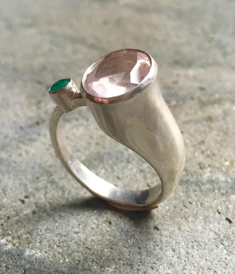 Rose Quartz Ring, Natural Rose Quartz, Diamond Cut, Emerald Ring, Solid Silver Ring, Natural Emerald, Vintage Emerald Ring, Vintage Ring image 3