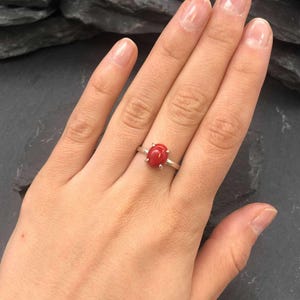 Red Coral Ring, Natural Coral, Solitaire Ring, Promise Ring, Simple Ring, Red Oval Ring, 3 Carat Ring, Proposal Ring, Solid Silver Ring image 2