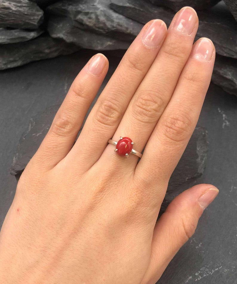 Red Coral Ring, Natural Coral, Solitaire Ring, Promise Ring, Simple Ring, Red Oval Ring, 3 Carat Ring, Proposal Ring, Solid Silver Ring image 2