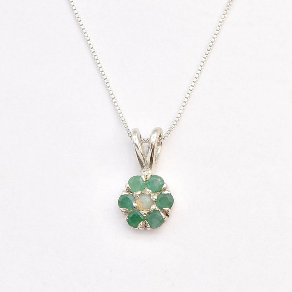 Emerald Flower Pendant, Genuine Emerald, Natural Opal Necklace, Green Flower Necklace, Dainty Pendant, Vintage Pendant, For Her, Adina Stone