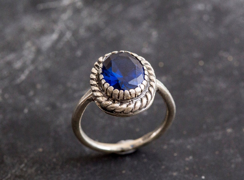 Blue Sapphire Royal Blue Ring Solid Silver Created Sapphire Blue Sapphire Ring Artistic Ring Vintage Rings Blue Stone Sapphire