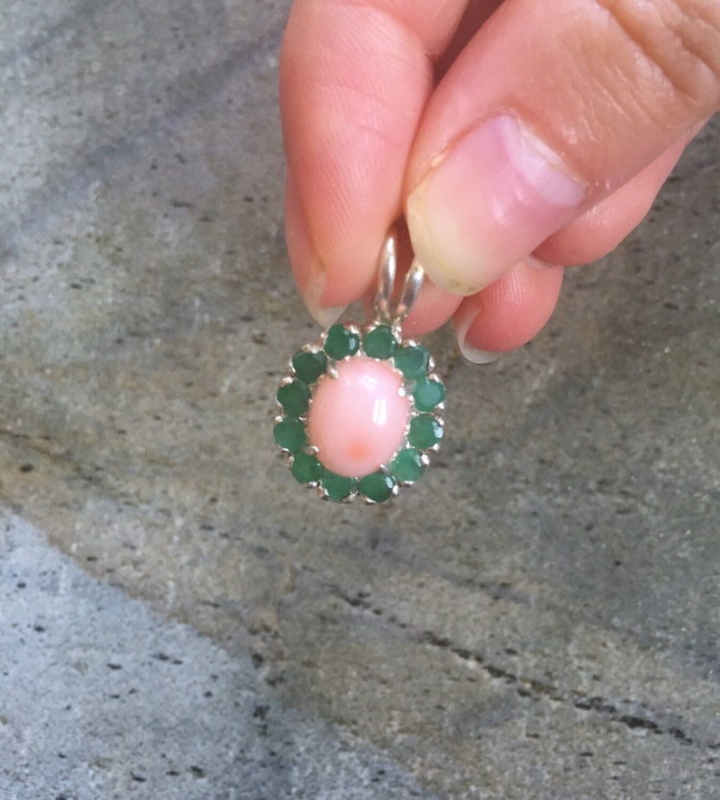 Emerald Pendant, Natural Emerald, Natural Coral, Coral Pendant, Pink Coral, May Birthstone, Angel Skin Coral, Vintage Pendant, Victorian image 3